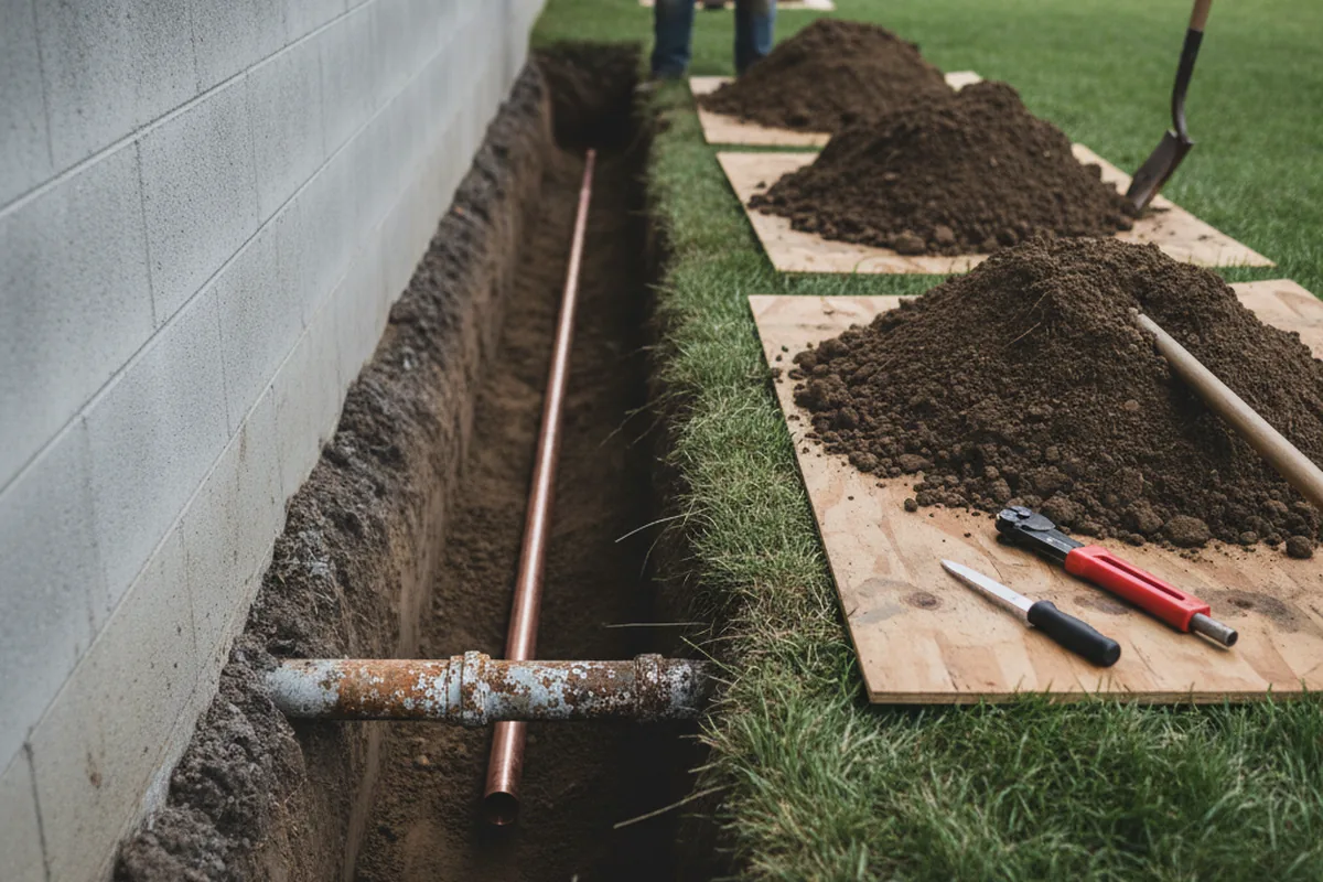 Excavated water line trench during Sewer Line Repair in Mount Tremper